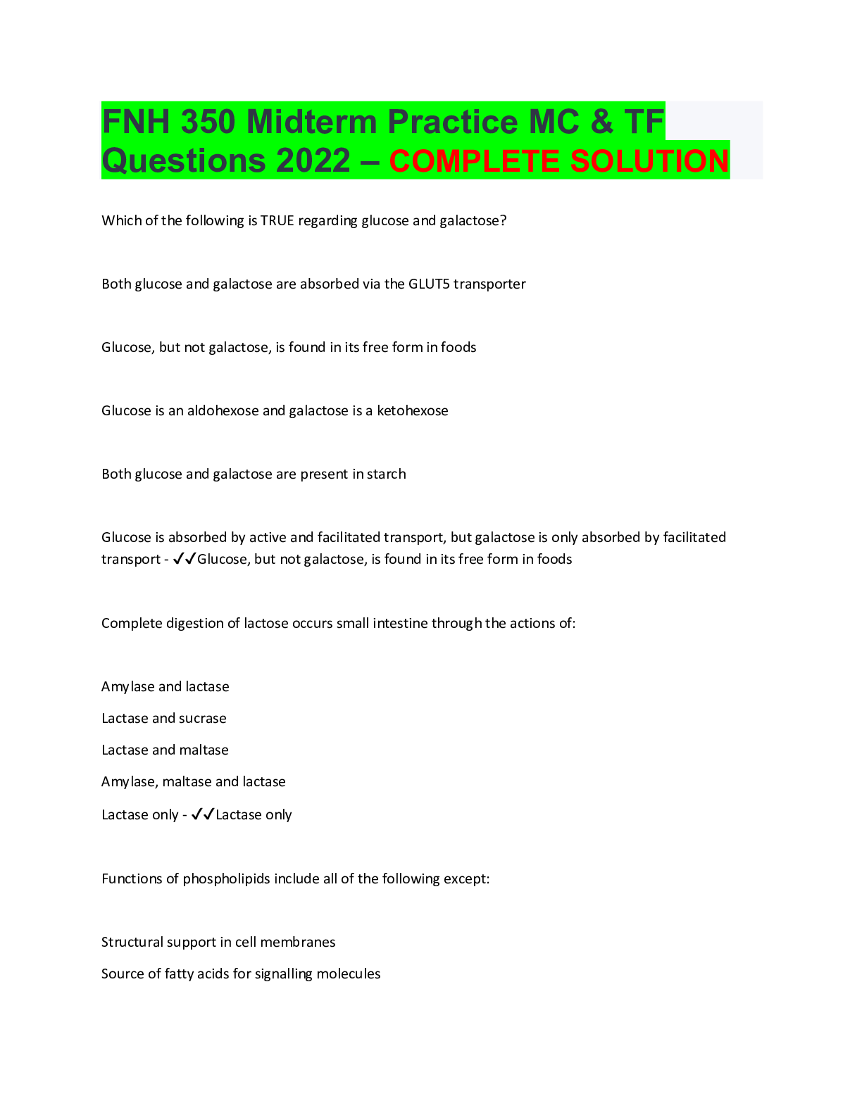 Preview image of FNH 350 Midterm Practice MC & TF Questions 2022 – COMPLETE SOLUTION document